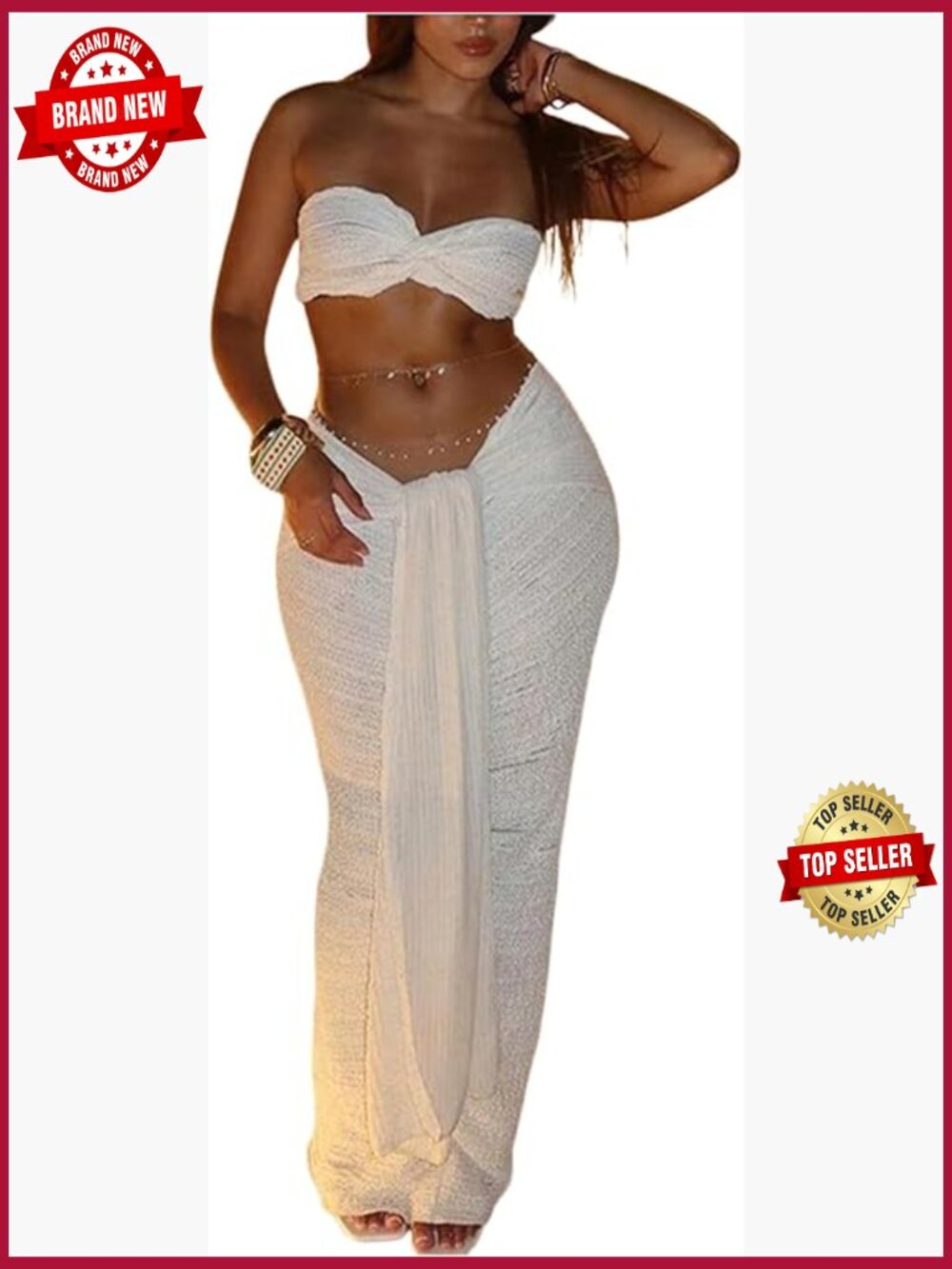 2 Piece Twist Strapless Crop Top & Bodycon Maxi Skirt Set, Sleeveless Pull On